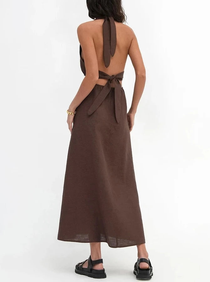 Elegant Brown Halter Maxi Dress