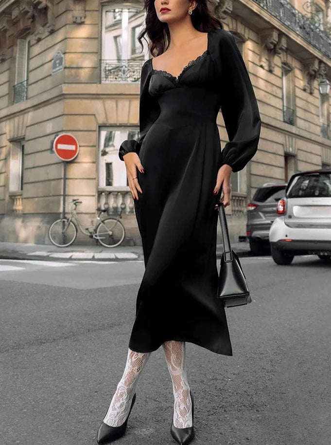 Elegant Satin Black Lace Dress