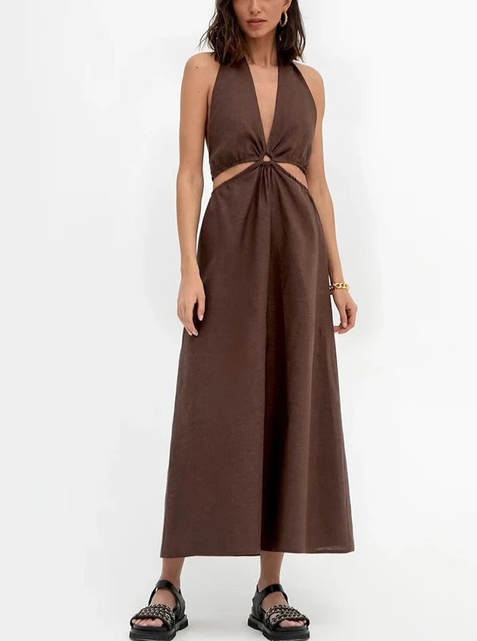 Elegant Brown Halter Maxi Dress