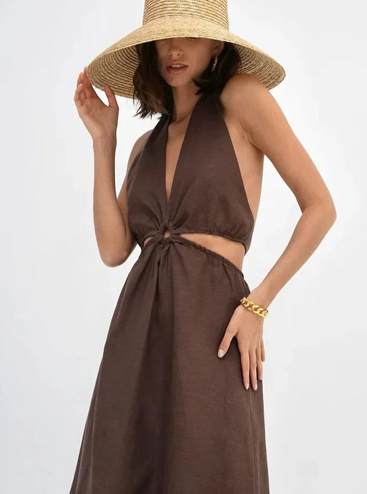 Elegant Brown Halter Maxi Dress