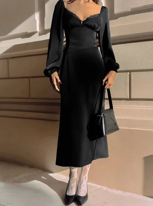 Elegant Satin Black Lace Dress