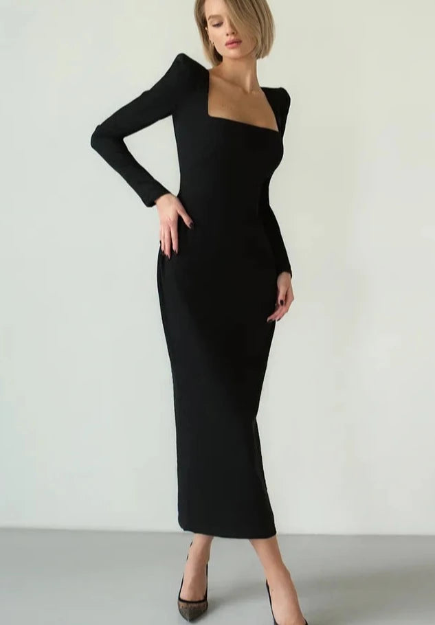 Black Square Neck Bodycon Dress