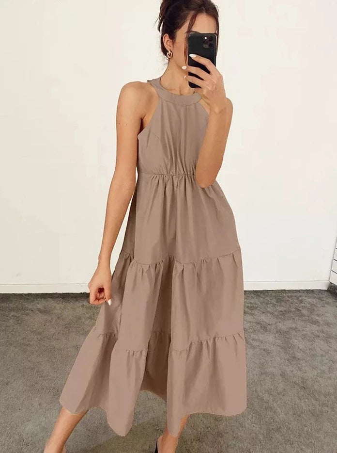 Elegant Khaki Pleated A-Line Dress
