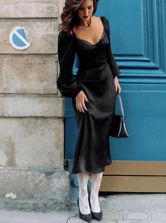 Elegant Satin Black Lace Dress