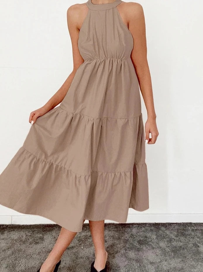 Elegant Khaki Pleated A-Line Dress